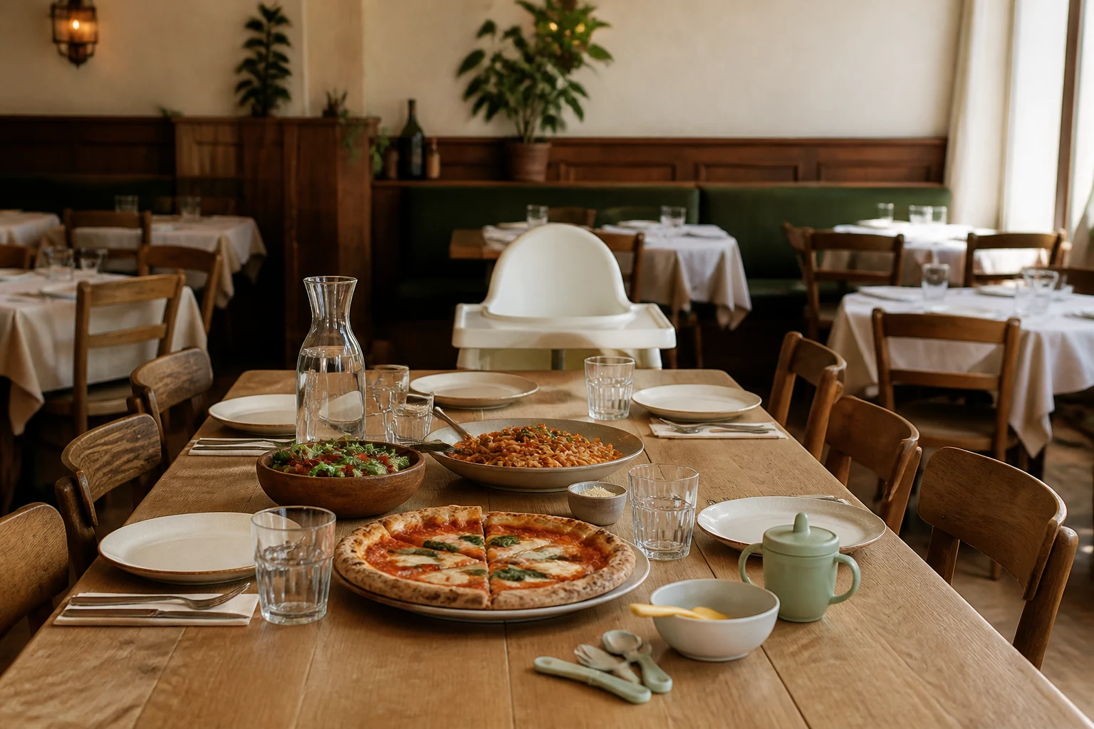 Table familiale avec plats italiens à partager et chaise haute en bout de table