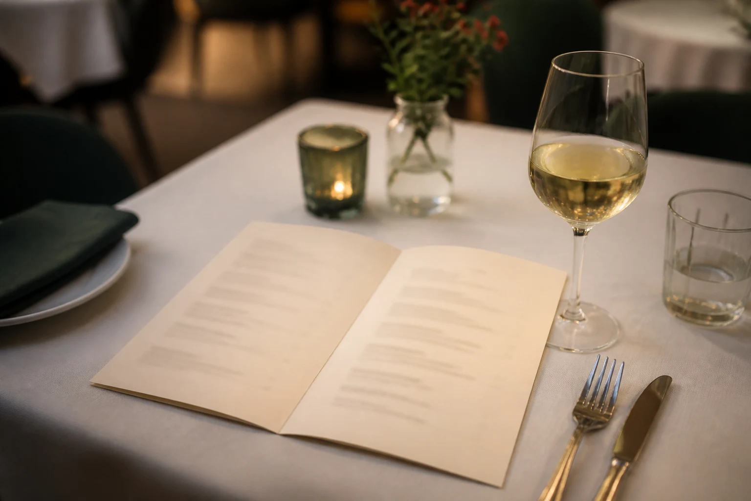 Carte de restaurant italienne ouverte sur une table près d’un verre de vin blanc