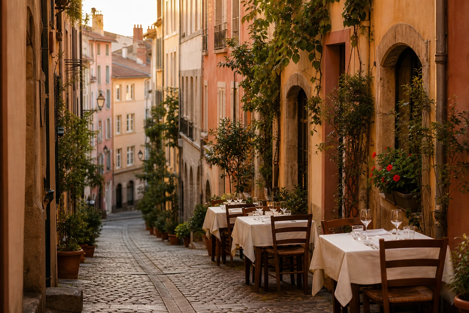 Rue lyonnaise aux façades colorées avec terrasses de restaurants dressées