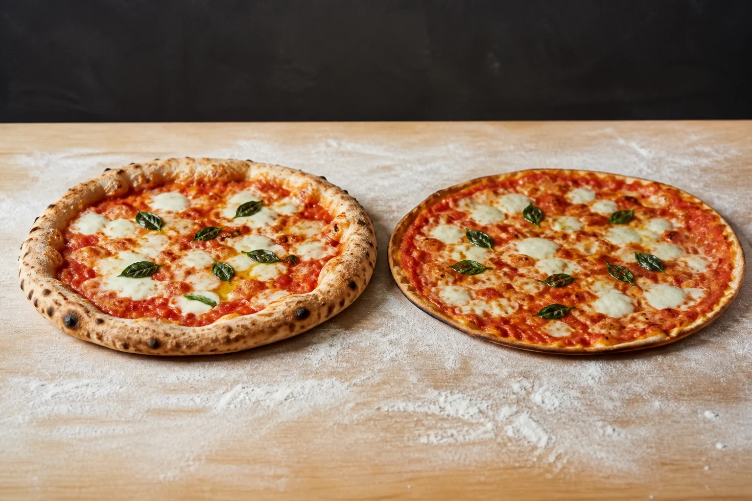 Deux pizzas aux bords différents posées côte à côte sur un plan fariné