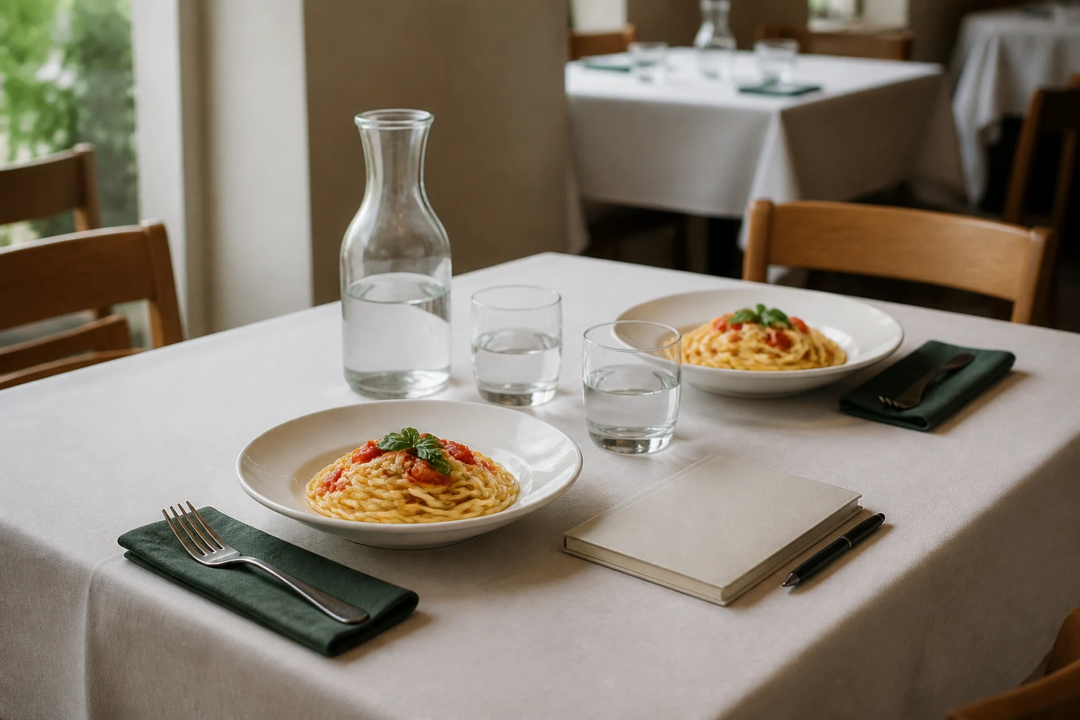Table de déjeuner sobre avec assiettes de pâtes, carafe d’eau et carnet fermé