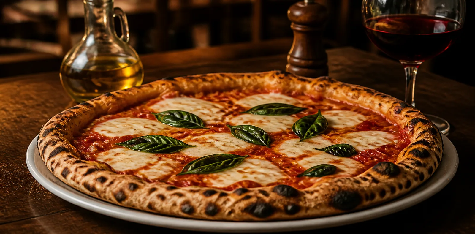 Pizza margherita, huile d’olive, poivrier et verre de vin rouge