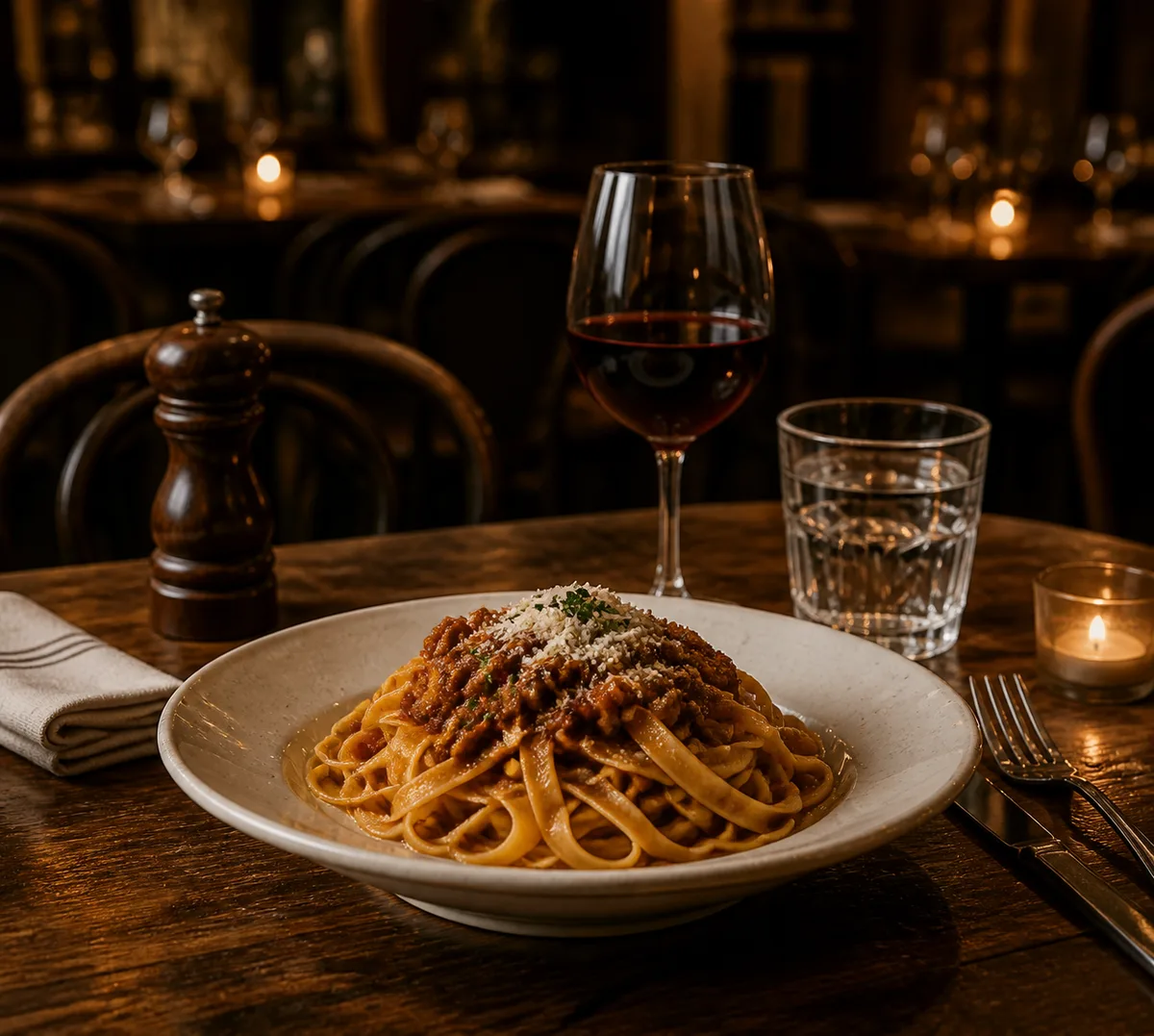 Tagliatelles au ragù, verre de vin et poivrier sur une table en bois