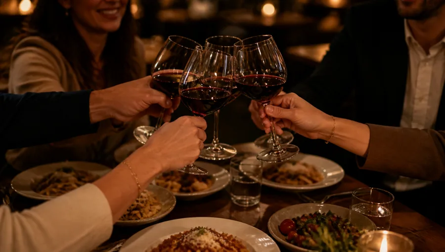 Amis levant leurs verres autour d’un repas italien