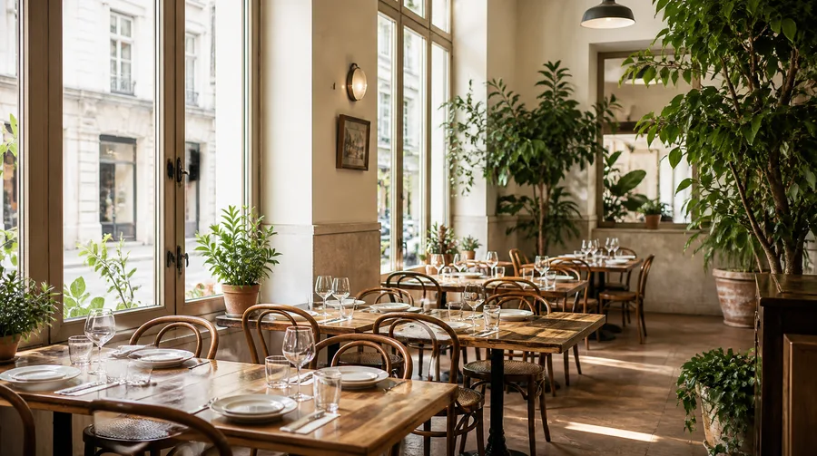 Salle lumineuse avec fenêtres, plantes et tables dressées