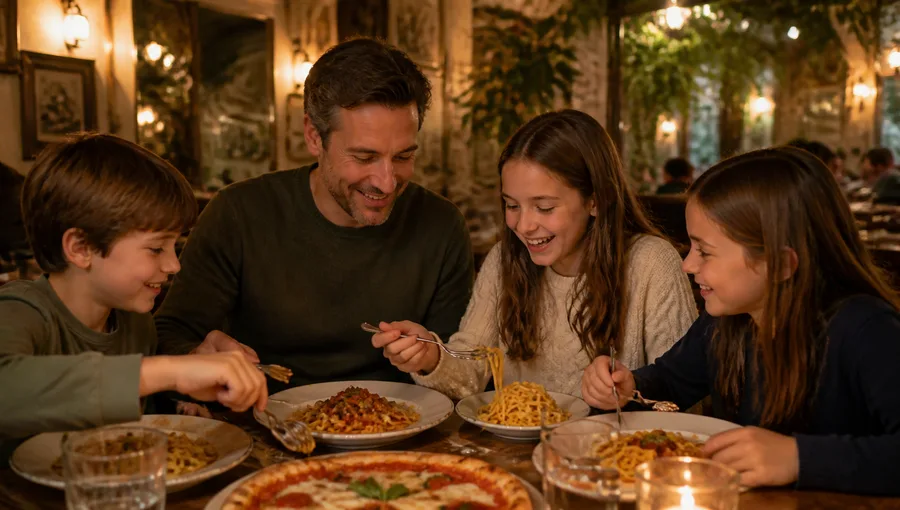 Père et trois enfants partageant des pâtes et une pizza