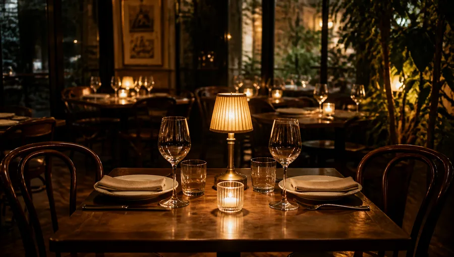 Table dressée pour deux dans une salle aux lumières douces