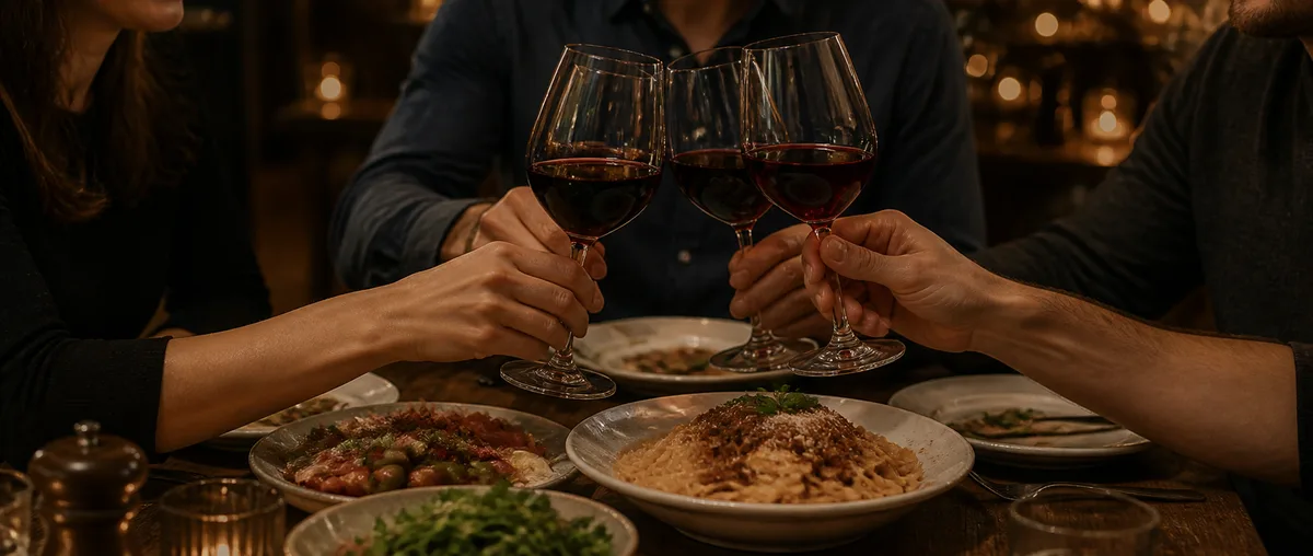 Amis partageant un dîner italien et levant leurs verres