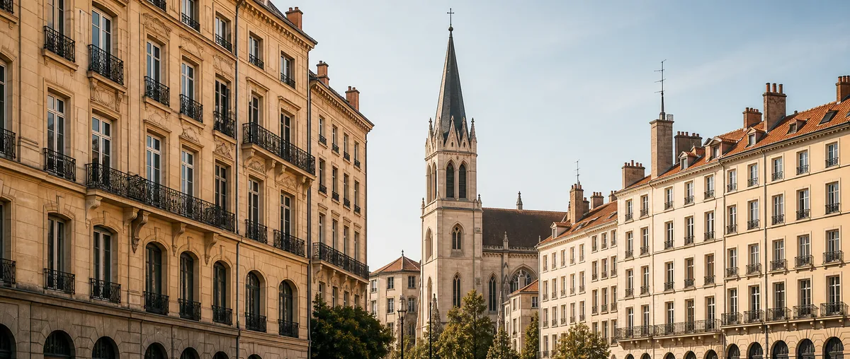 Façades historiques et clocher dans le centre de Lyon