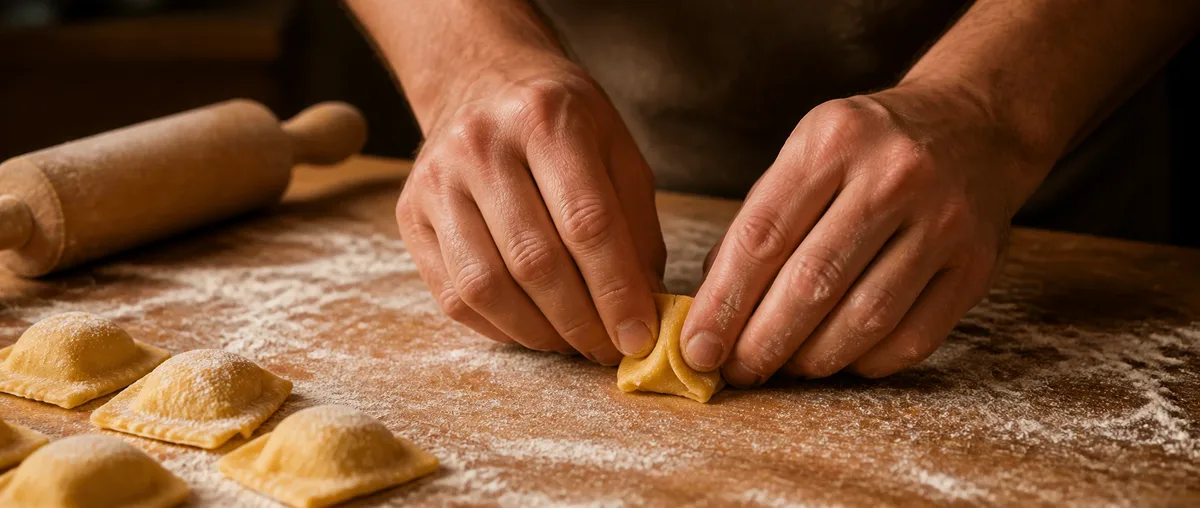 Mains façonnant des pâtes fraîches sur un plan fariné