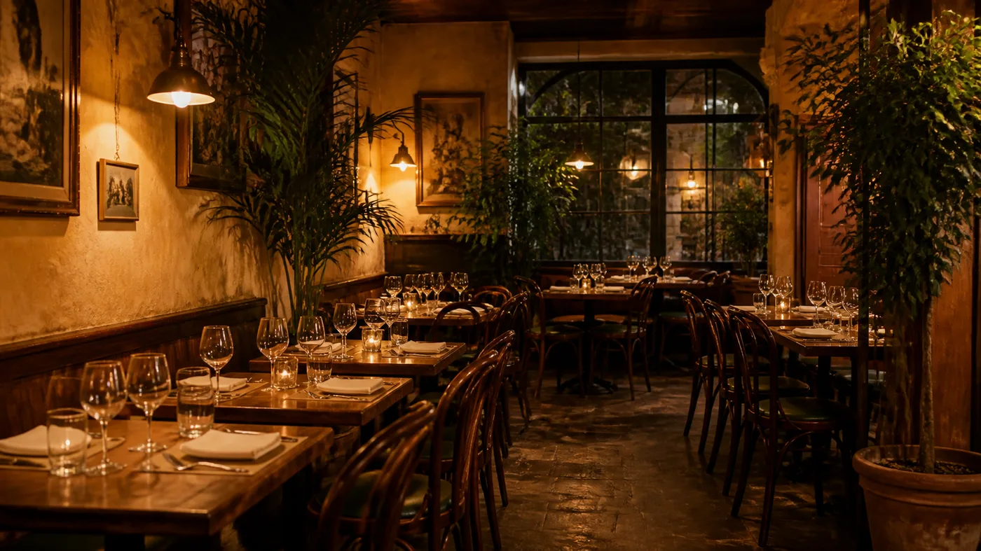 Salle de restaurant italienne avec tables dressées et plantes
